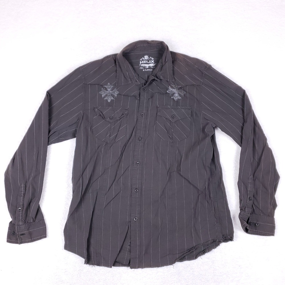 Helix Mens XL Western Button Down Shirt Black Pinstripe Y2K Goth Cross Graphic